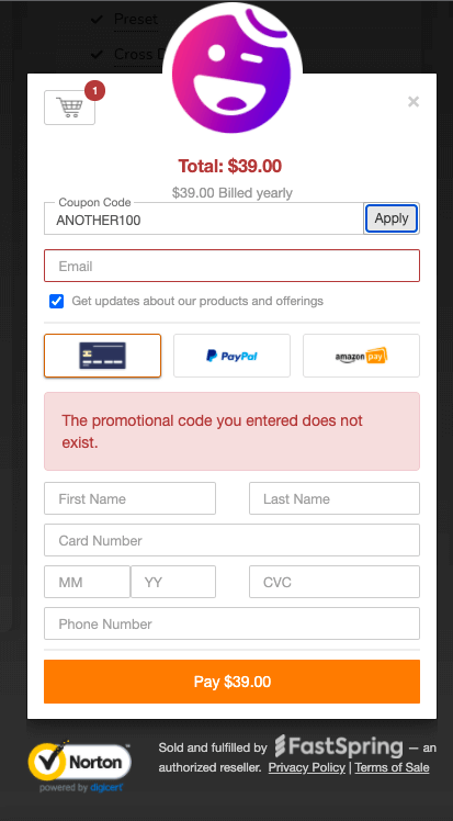 Pricing 15 coupon not working error