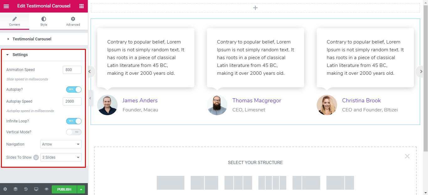 Testimonial Carousel 5 3 content settings