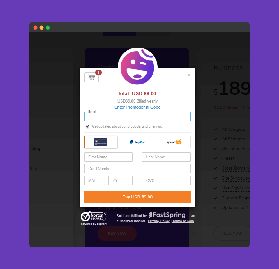 Purchase Process 2 Pop-up window