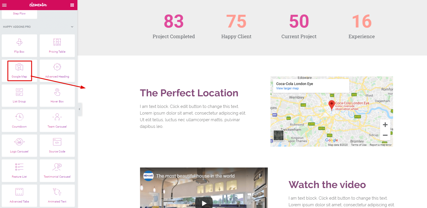 Build a Professional Website With Elementor and Happy Addons 11 Adding Google Map