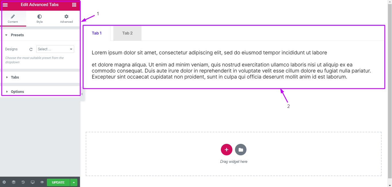 How to Create Tabbed Content in Elementor with Happy Addons 2 options of tabbed content