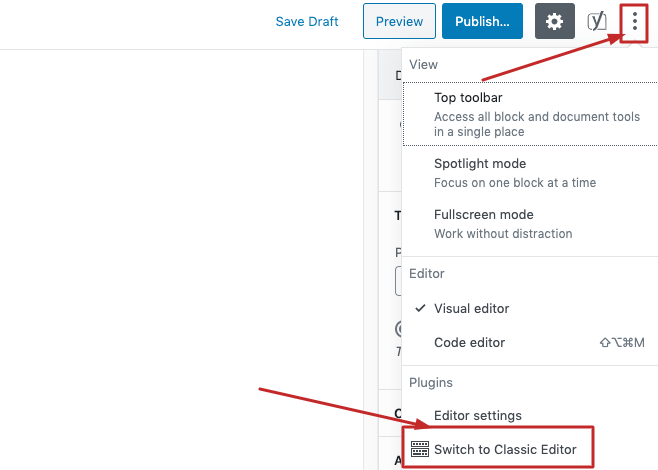 Answers to Frequently Asked Questions (FAQ) on Gutenberg Block Editor 8 switch to classic editor