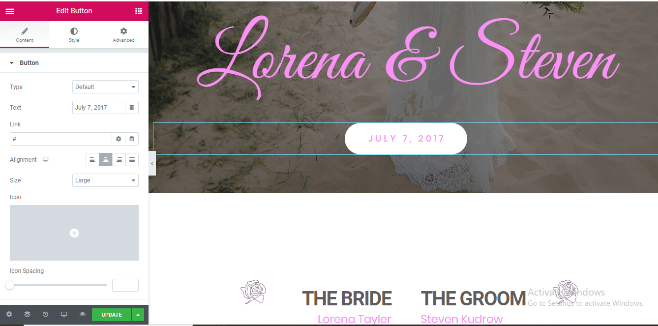How to Create a Wedding Website That'll Make Your Big Day More Special 12 how to change Elementor button text while bilding a wedding website