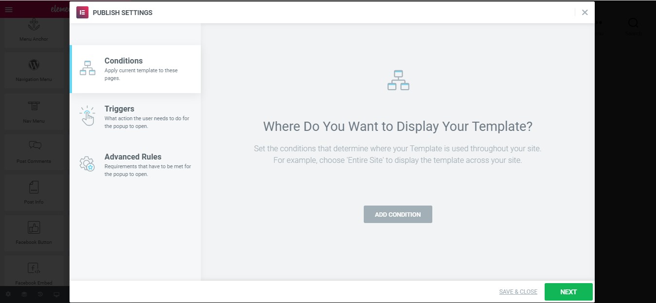 Popup Publish Settings