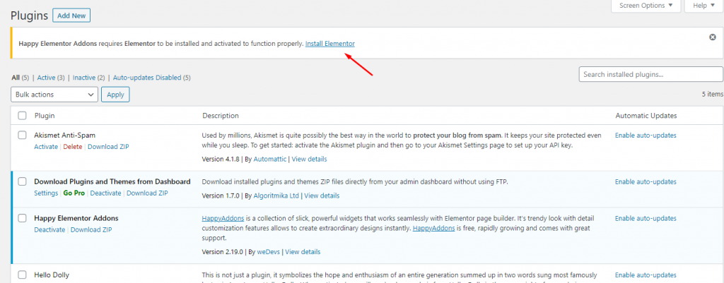 Getting Started with HappyAddons Free 1 Install Elementor