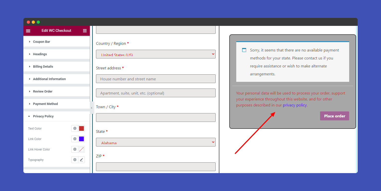 WooCommerce Checkout 13 Style privacy policy