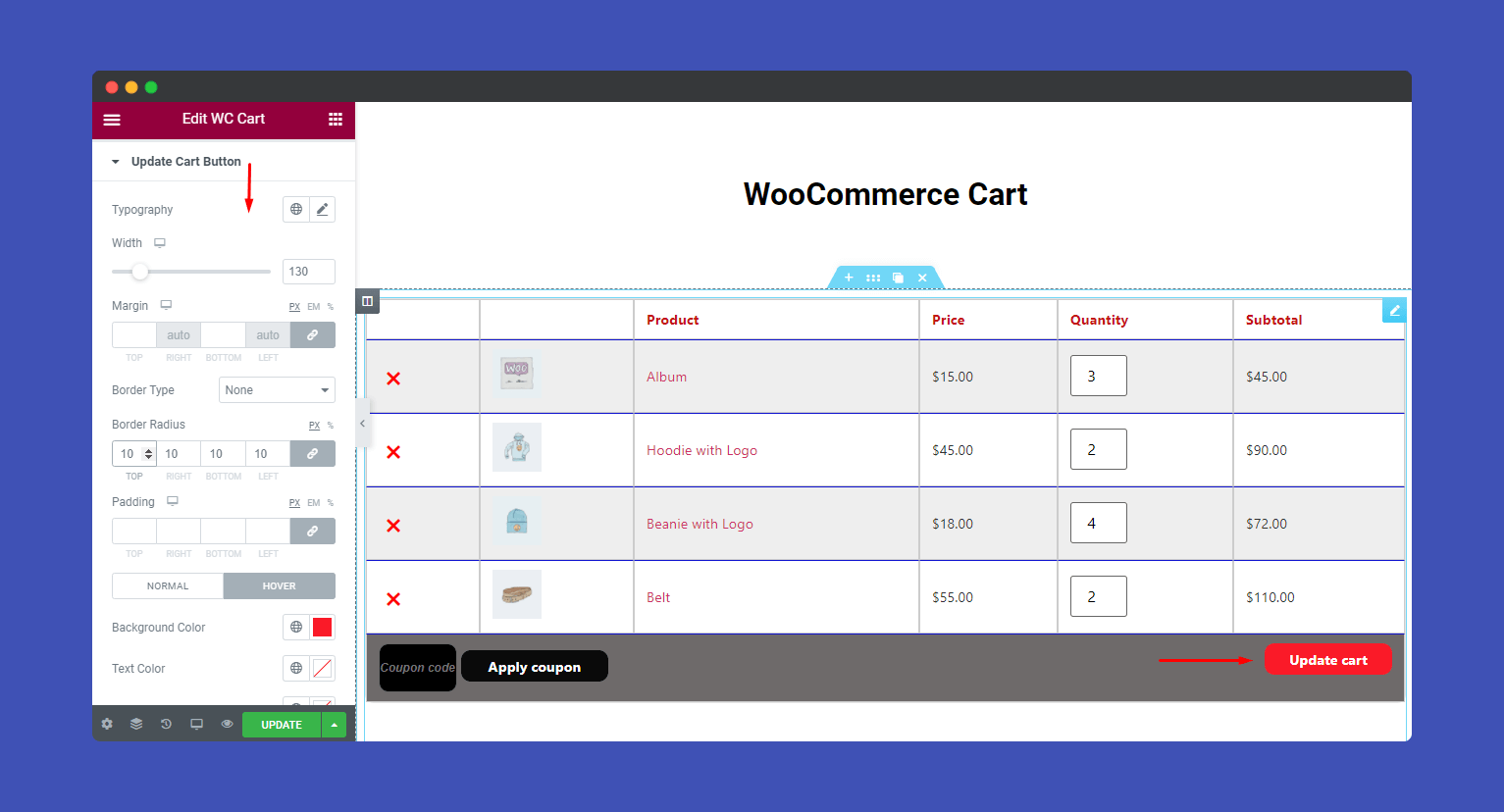 WooCommerce Cart 6 Update cart button