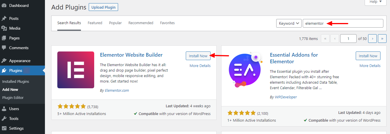How to Use Elementor: Ultimate Guide for Beginners 5 Search and install Elementor