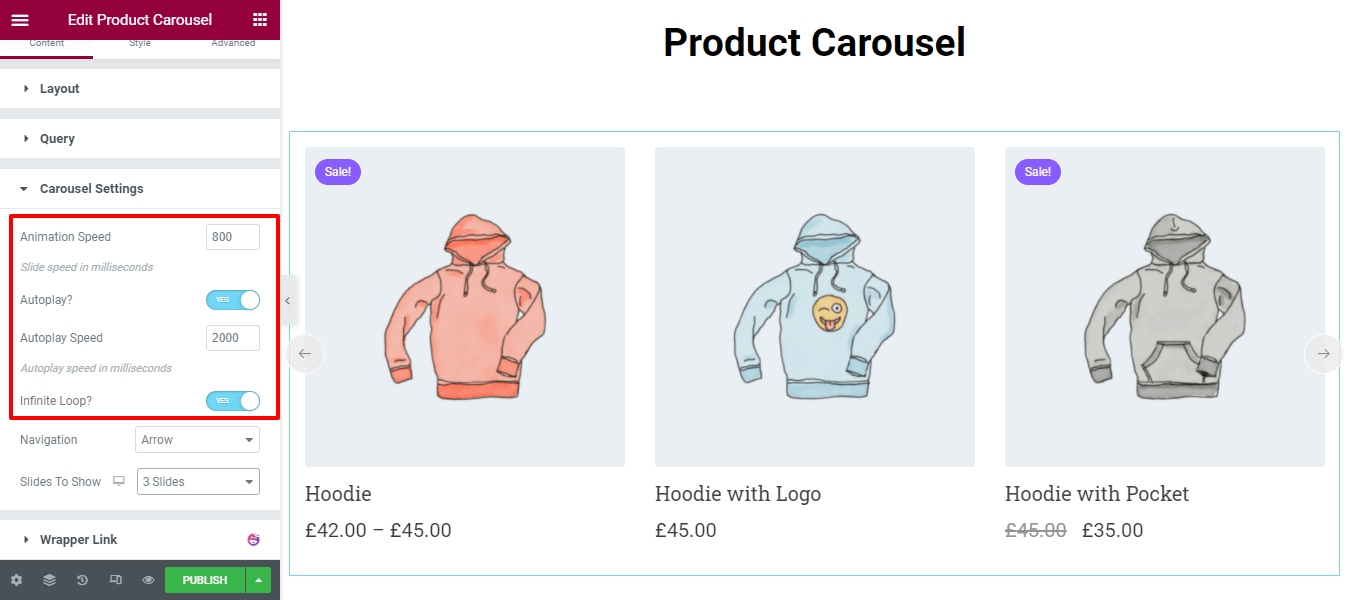 Create a Product Carousel Using WooCommerce Product Carousel Widget in Elementor Website 6 Content Carousel Settings