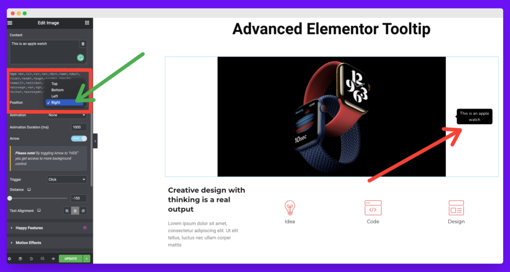 Happy Advanced Elementor Tooltips 3 How to change the position of the elementor tooltip