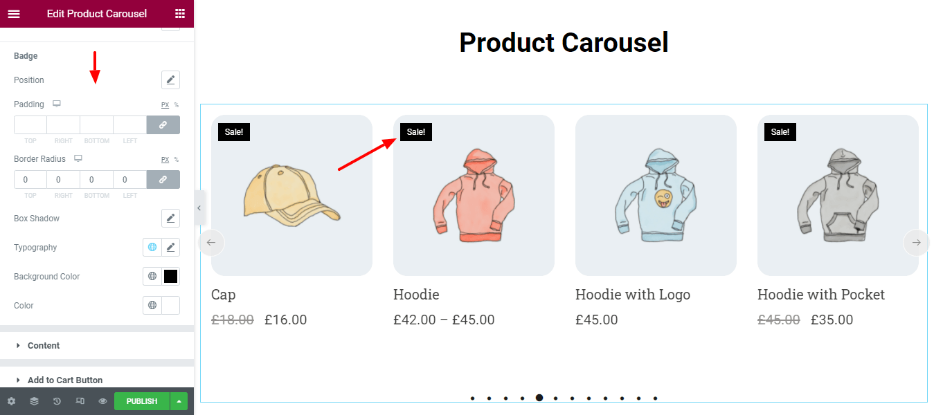Create a Product Carousel Using WooCommerce Product Carousel Widget in Elementor Website 11 Style Carousel Badge