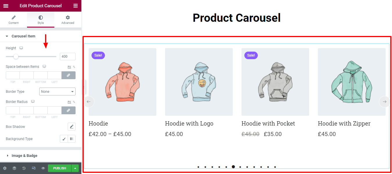 Create a Product Carousel Using WooCommerce Product Carousel Widget in Elementor Website 9 Style Carousel Items