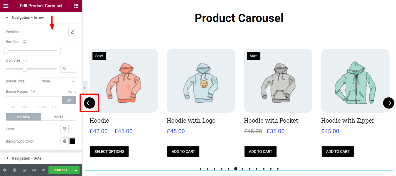 Create a Product Carousel Using WooCommerce Product Carousel Widget in Elementor Website 14 Style Navigation Arrow