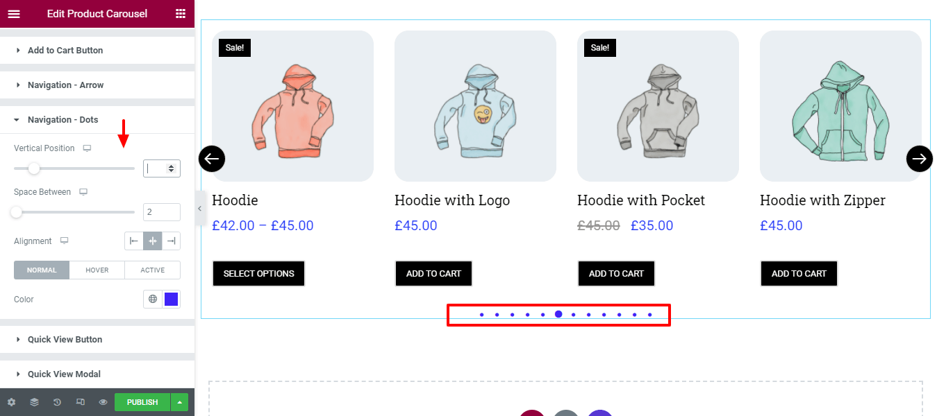 Create a Product Carousel Using WooCommerce Product Carousel Widget in Elementor Website 15 Style Navigation Dots