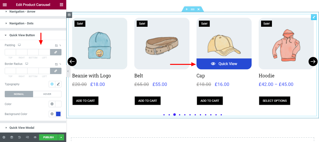Create a Product Carousel Using WooCommerce Product Carousel Widget in Elementor Website 16 Style Quick View Button