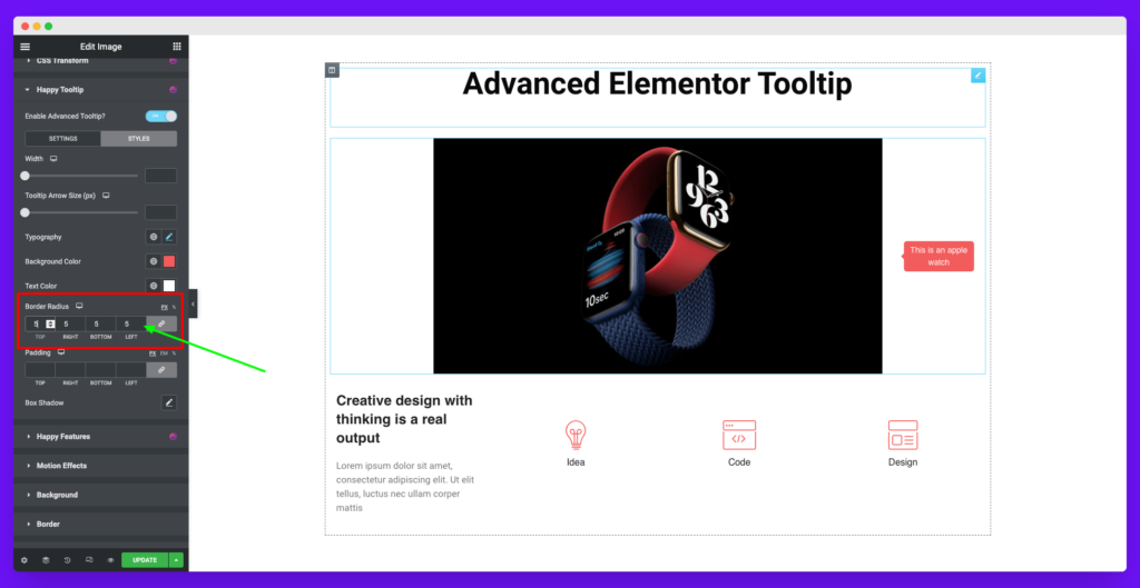 Happy Advanced Elementor Tooltips 7 Giving extra border radius to the tooltip