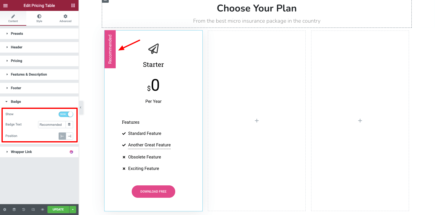 Create Pricing Table in Your Elementor Website Using Happy Addons 9 Content badge