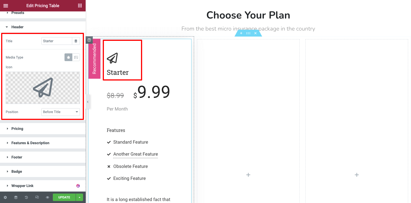 Create Pricing Table in Your Elementor Website Using Happy Addons 5 Manage Header Content
