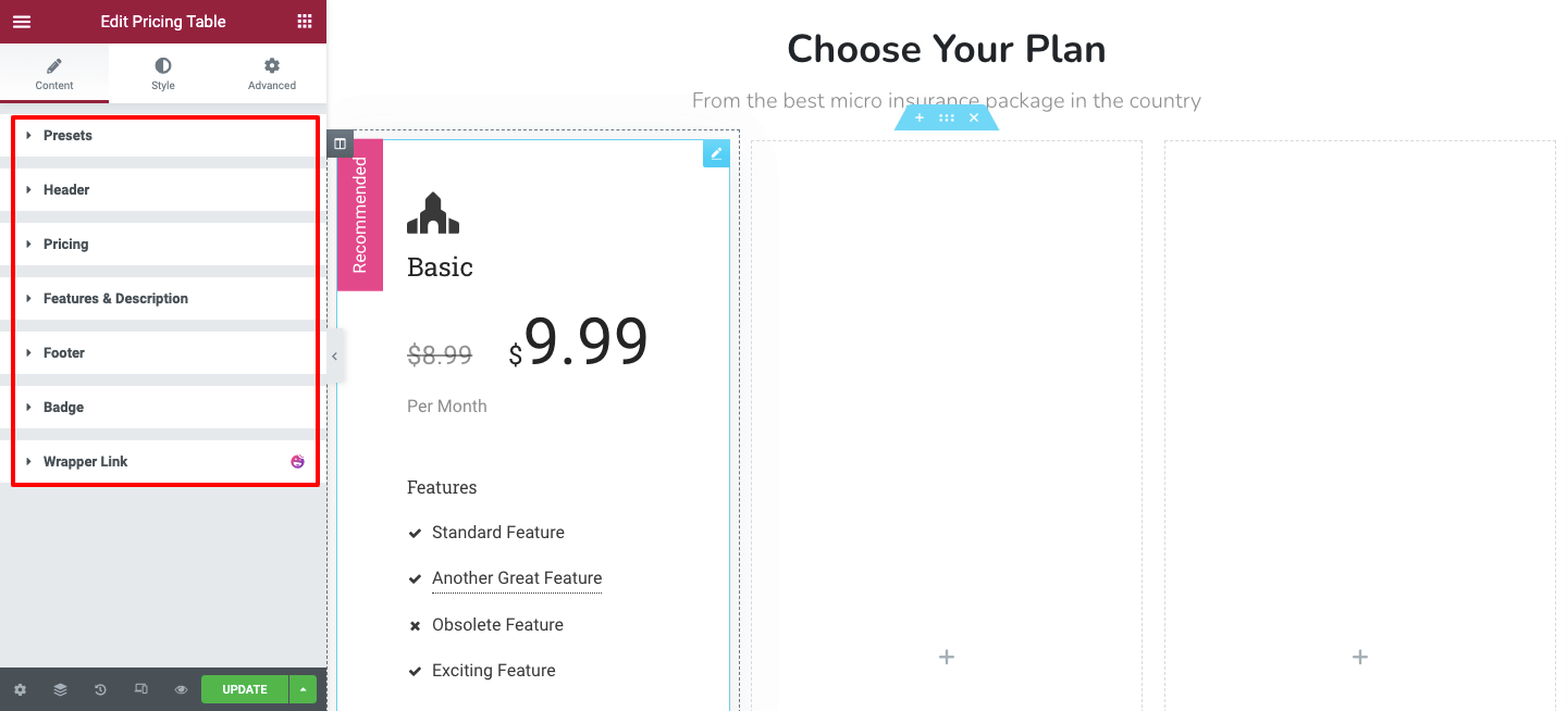 Create Pricing Table in Your Elementor Website Using Happy Addons 3 Content of Pricing Table widget