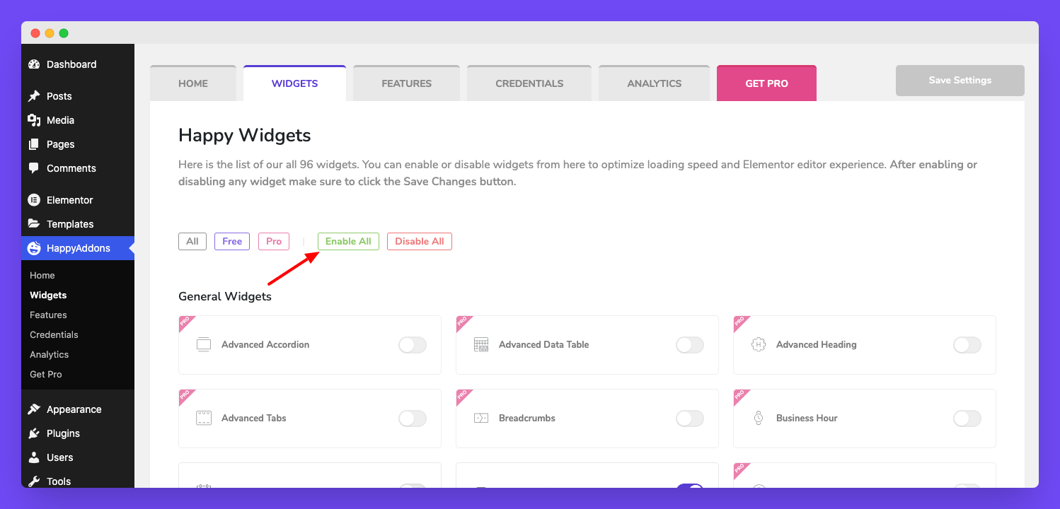 Happy Addons Analytics 4 Enable All Widgets