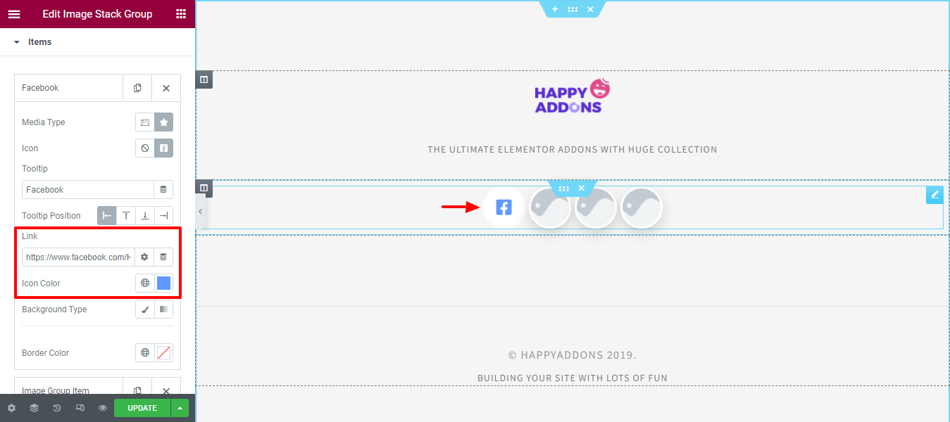 Create Image Stack Groups In Your Elementor Website Using Happy Addons 6 Add Link and Icon Color