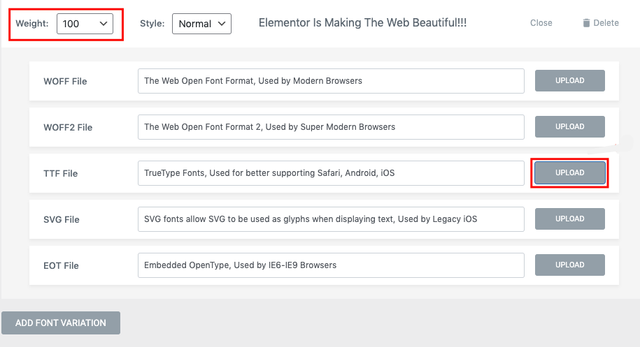 How To Add Custom Fonts To Elementor Free and Pro 17 Choose font Weight