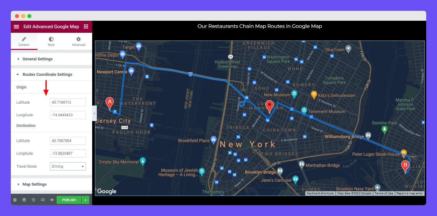 Advanced Google Map 12 Routes Coordinate Settings