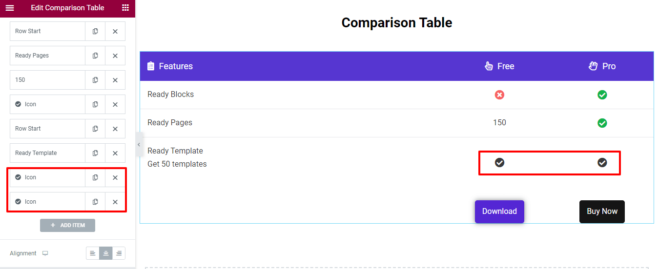 How to Create a Comparison Table with Elementor Comparison Table Widget 12 Column with Icon