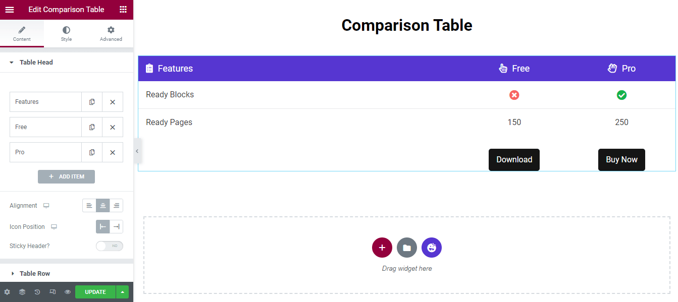 How to Create a Comparison Table with Elementor Comparison Table Widget 5 Table Head content