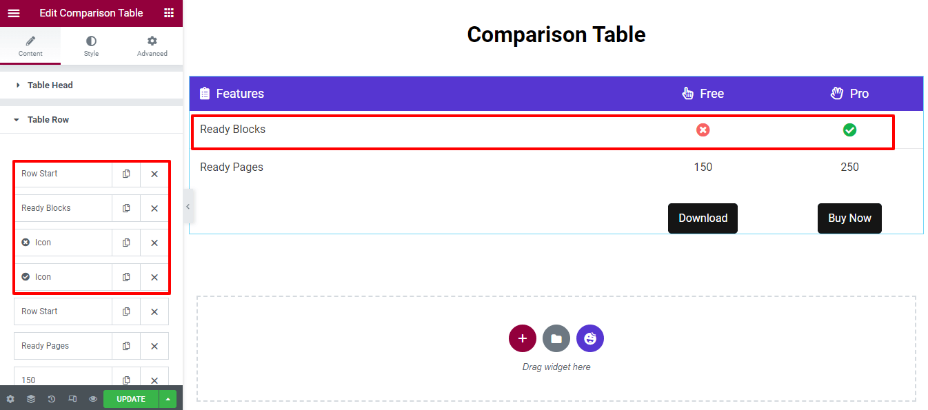 How to Create a Comparison Table with Elementor Comparison Table Widget 8 Content Table Row