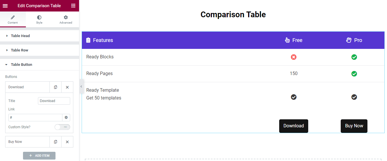 How to Create a Comparison Table with Elementor Comparison Table Widget 13 Content of Table Button