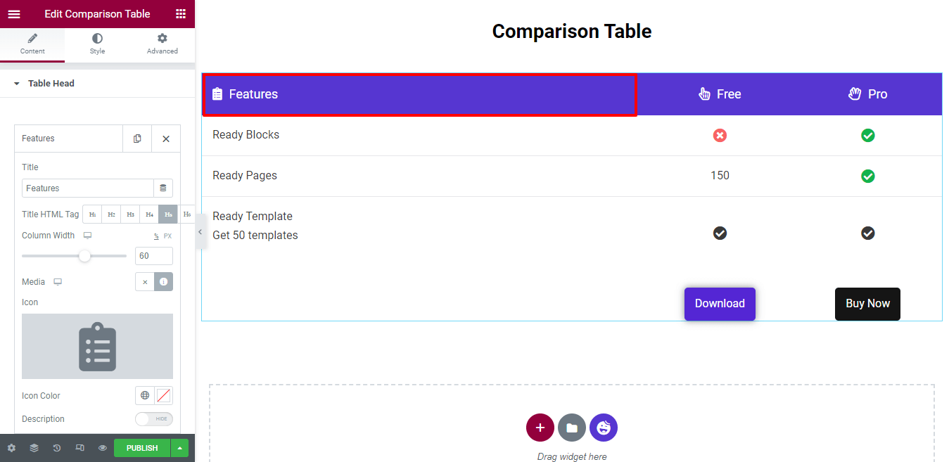 How to Create a Comparison Table with Elementor Comparison Table Widget 6 Manage Table Head Single Item