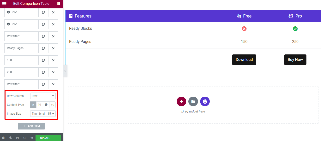 How to Create a Comparison Table with Elementor Comparison Table Widget 9 Table Row Start