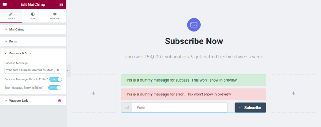 Happy Addons’ MailChimp Form Widget: Easy Way To Add a Subscription Form to Your Website for Free! 7 Enable Success and Error Message