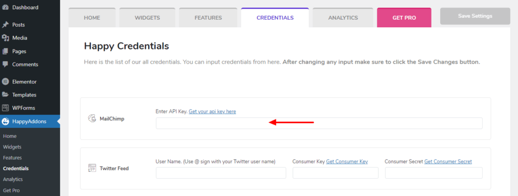 Happy Addons’ MailChimp Form Widget: Easy Way To Add a Subscription Form to Your Website for Free! 2 Happy Addons Credentials Area