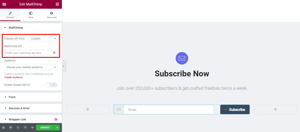 Happy Addons’ MailChimp Form Widget: Easy Way To Add a Subscription Form to Your Website for Free! 5 Select Custom API From