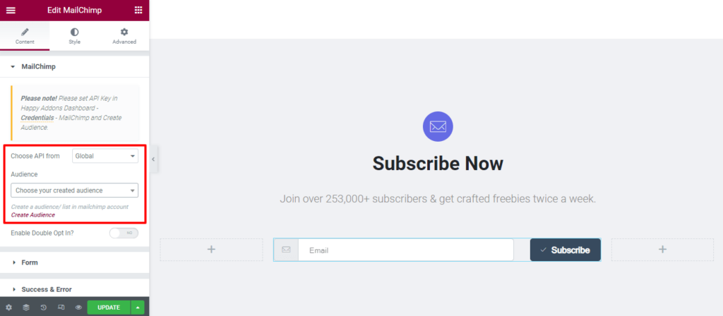 Happy Addons’ MailChimp Form Widget: Easy Way To Add a Subscription Form to Your Website for Free! 4 Set API and Audience