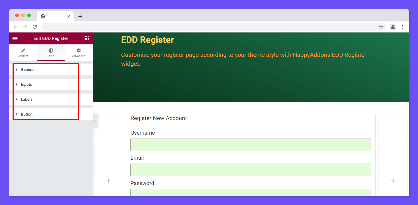 EDD Register 2 EDD Registration Widget Style Options
