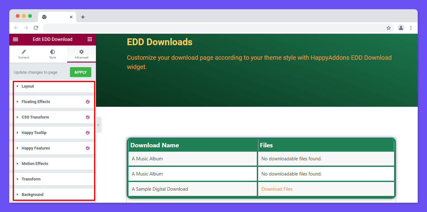 EDD Download 5 Elementor Advanced Settings