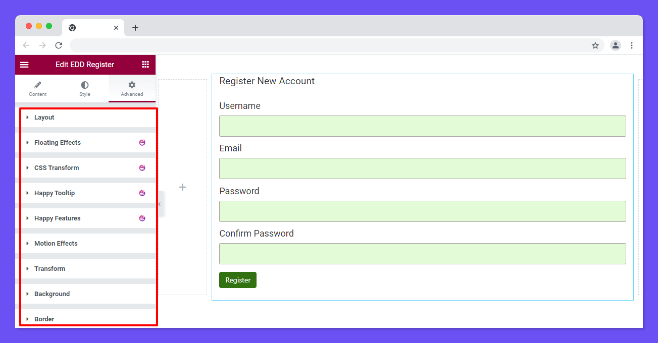 EDD Register 7 Elementor Advanced Settings