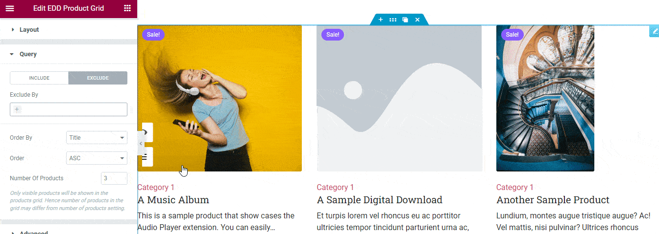Happy Addons’ Easy Digital Downloads Product Grid Widget: An Easy Way To Decorate Digital Products 5 Exclude Products using Query