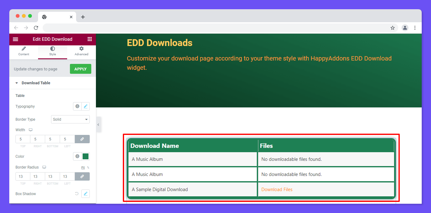 EDD Download 2 Style Download Table