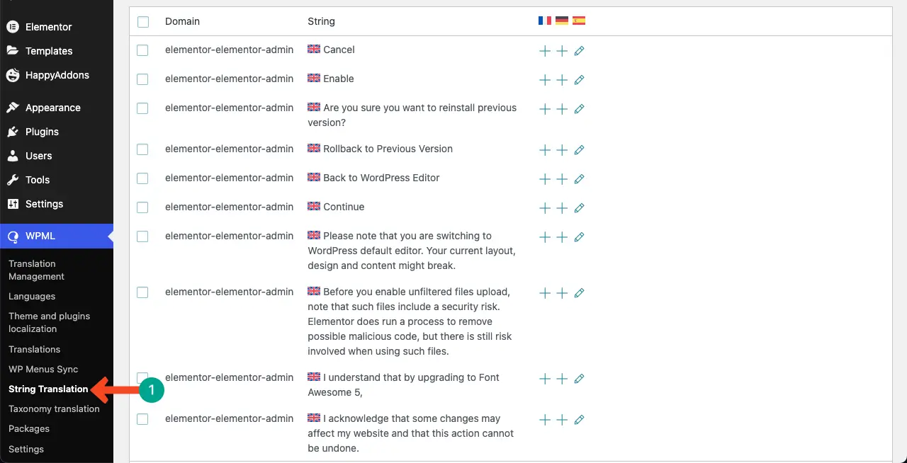 WPML Support for HappyAddons Free & Pro 14 Go to the String area