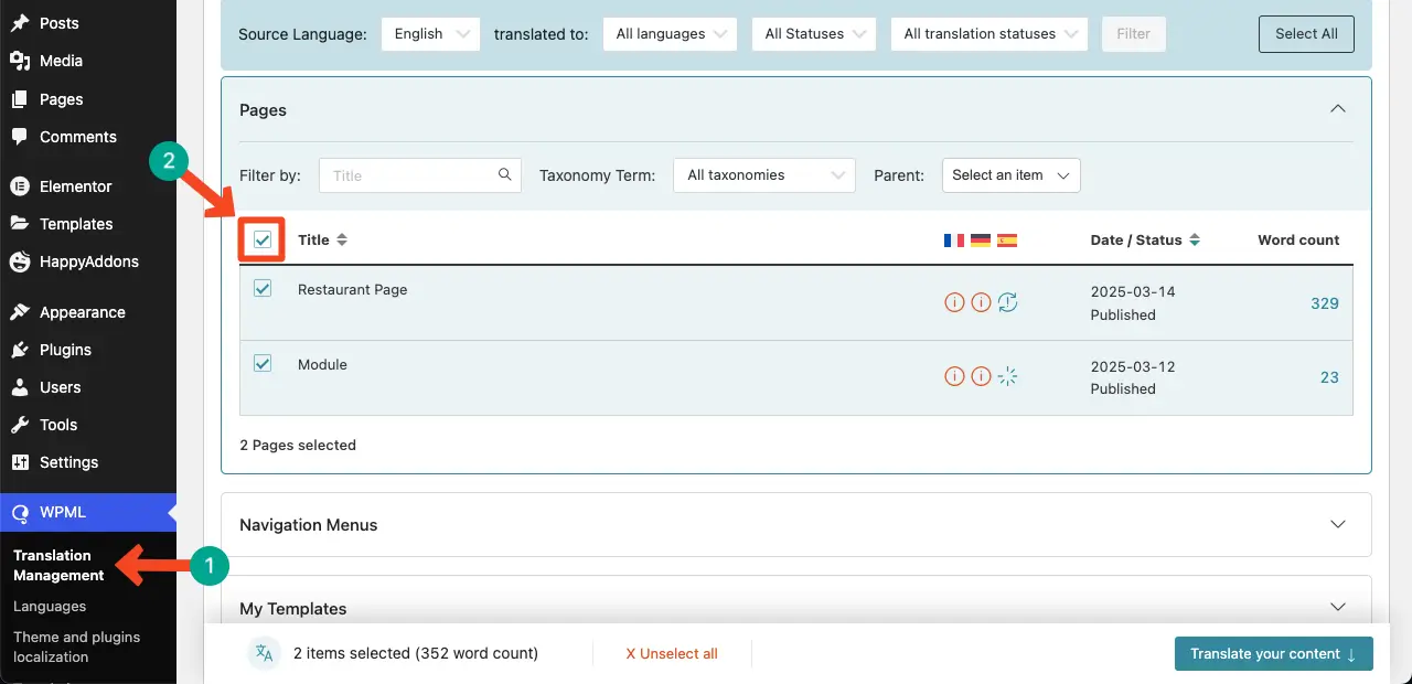 How To Build A Multilingual Website With Elementor And WPML 31 Select all pages to be translated in multiple languages
