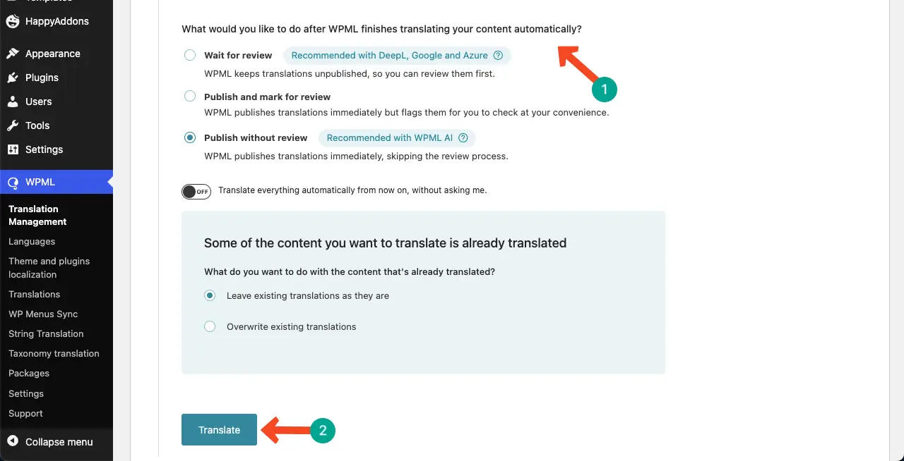 How To Build A Multilingual Website With Elementor And WPML 11 Specify automatic translation