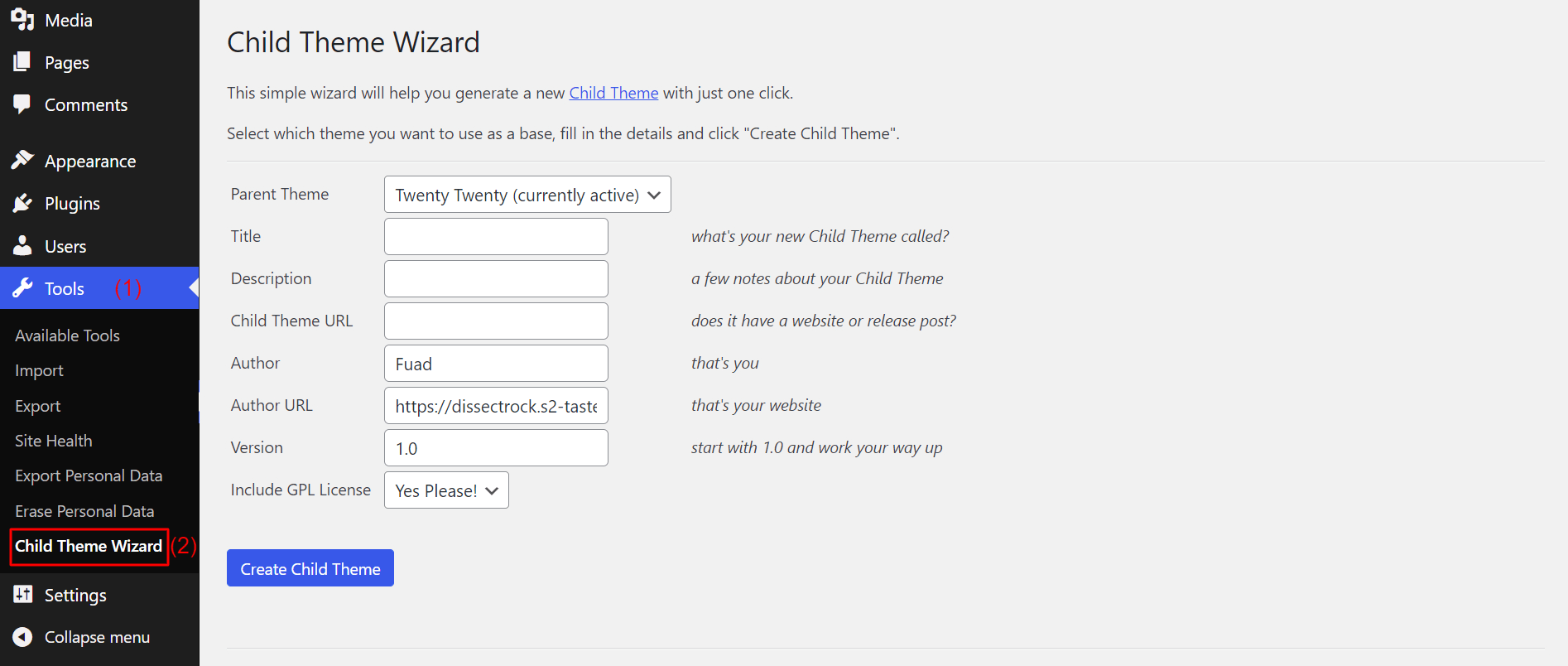 How to Create WordPress Child Theme With and Without Plugin 11 Child Theme Wizard plugin configuration