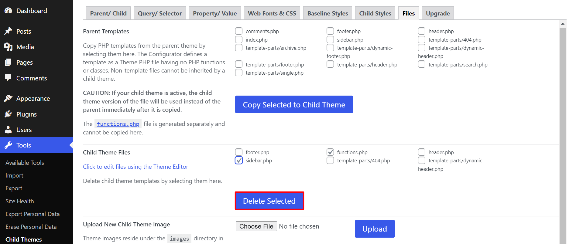 How to Create WordPress Child Theme With and Without Plugin 9 Delete files from the child theme by Child theme configurator