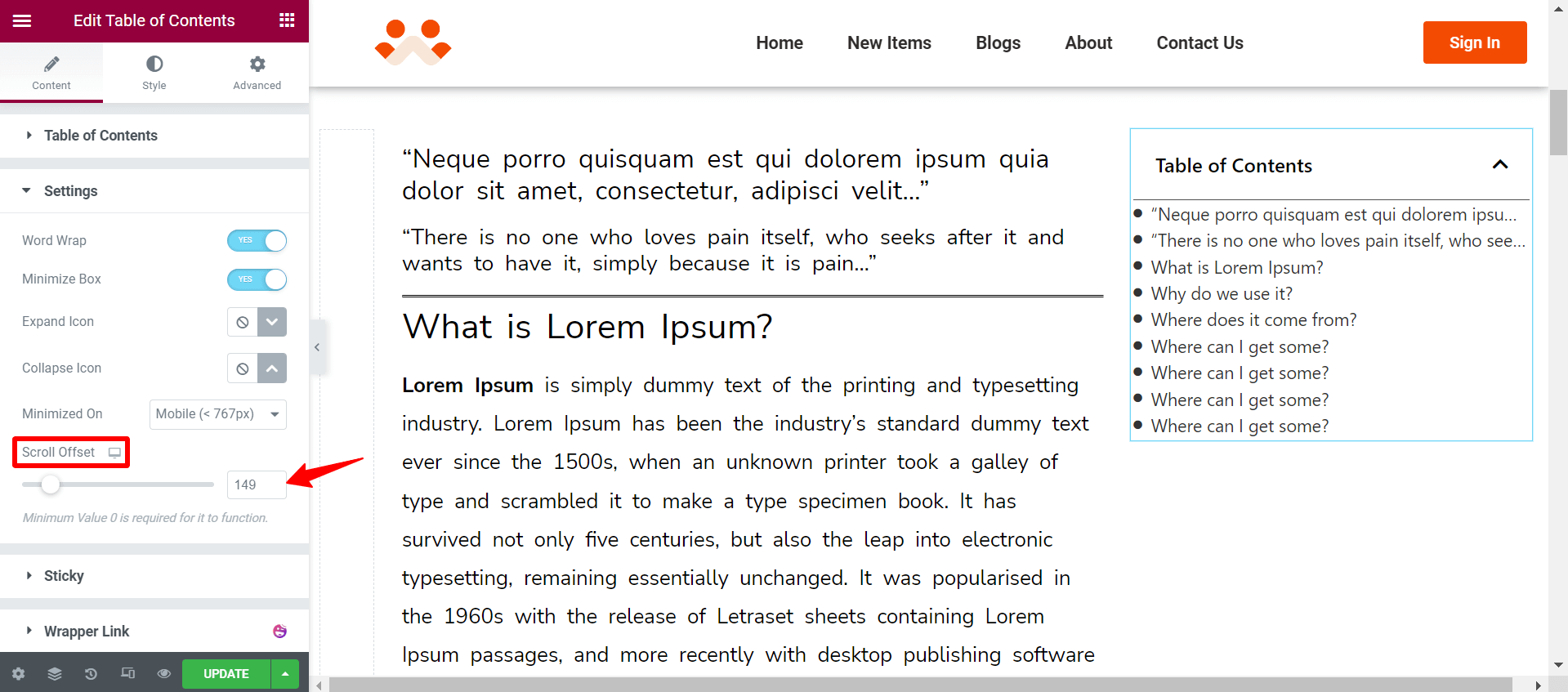 Table Of Content Widget 11 Set Scroll offset