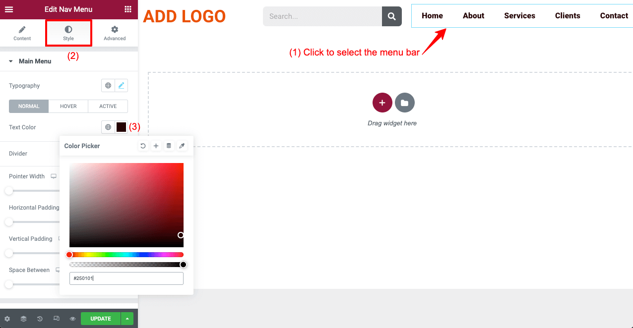 How To Create Elementor Sticky Transparent Header (Step By Step Guide) 8 Change the Color of Elementor Menu Bar