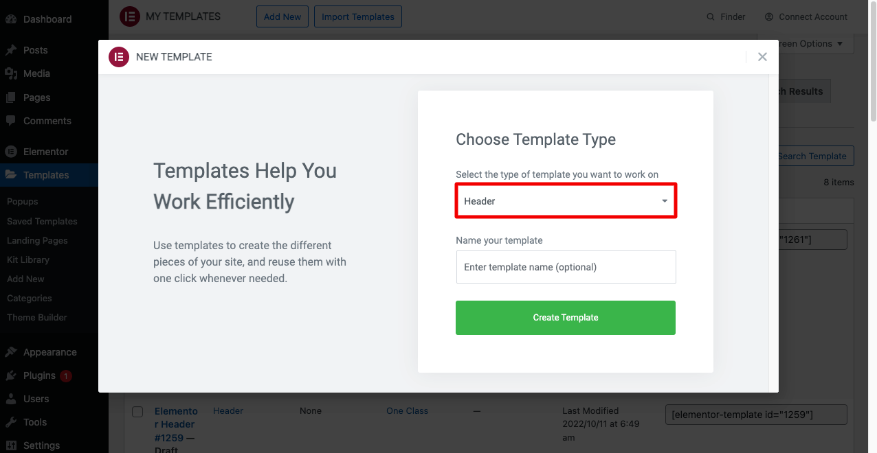 How To Create Elementor Sticky Transparent Header (Step By Step Guide) 3 Select the Header Template from the Elementor Library